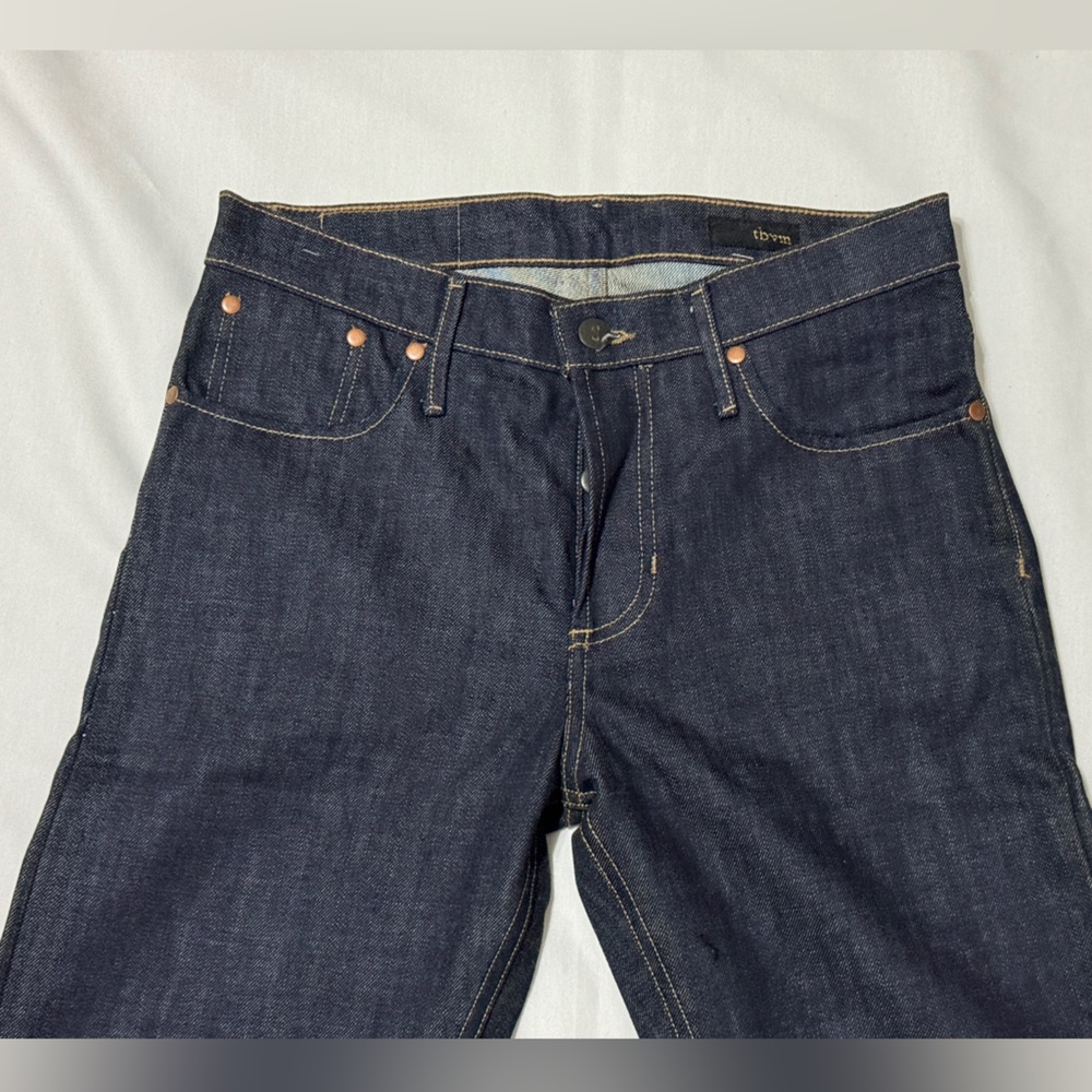 THVM Straight Leg Button Fly Jeans Urban Outfitters Dark Blue Denim Gold Stitch